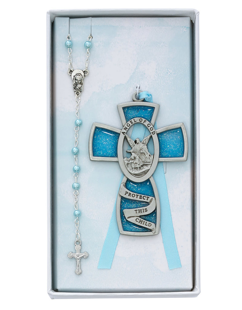 McVan Blue Guardian Angel Baby Cross Crib Medal and Rosary Set