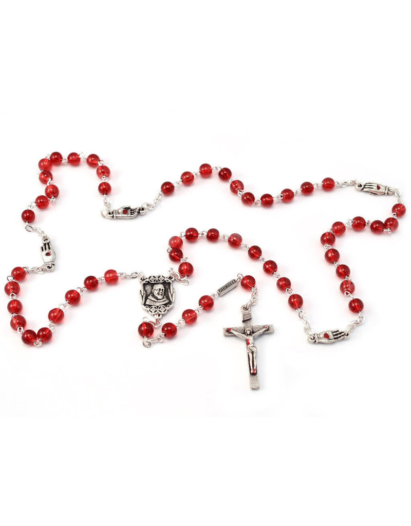 Ghirelli Saint Pio of Pietrelcina Rosary in Antique Silver with Red Beads