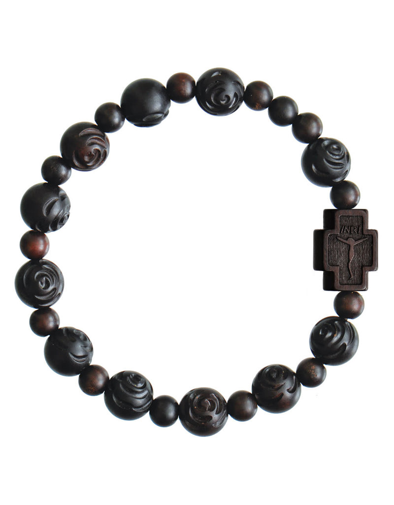 Sine Cera 10mm Rose Carved Jujube Wood Rosary Bracelet