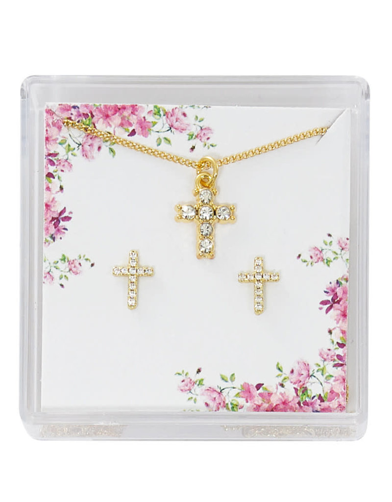 McVan Gold Crystal Cross Earrings and Pendant Set
