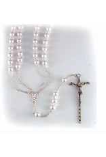 WJ Hirten 8mm Bead Imitation Pearl Lasso Wedding Rosary with Silver Plated Chain, Crucifix, and Center