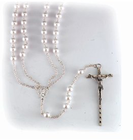 WJ Hirten 8mm Bead Imitation Pearl Lasso Wedding Rosary with Silver Plated Chain, Crucifix, and Center