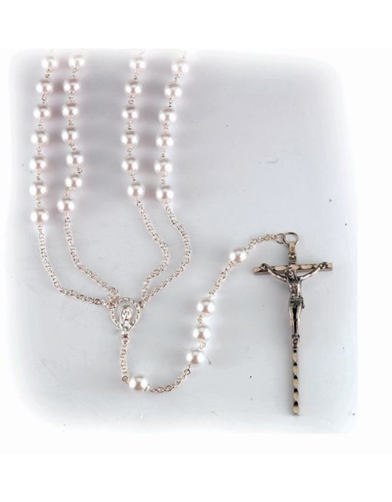 WJ Hirten 8mm Bead Imitation Pearl Lasso Wedding Rosary with Silver Plated Chain, Crucifix, and Center