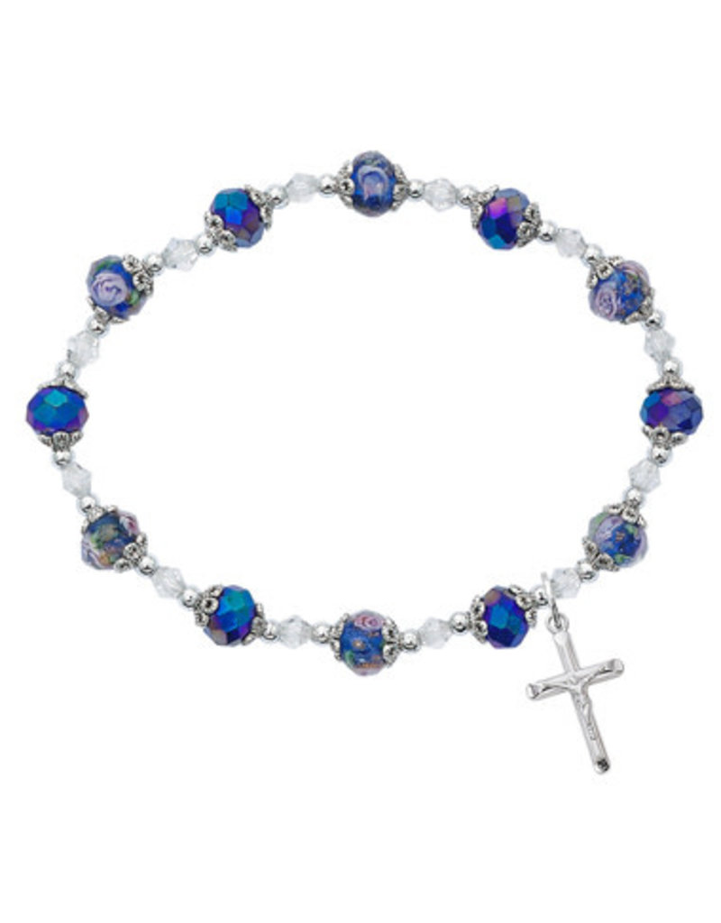 McVan Blue Flower Crystal Crucifix Stretch Bracelet