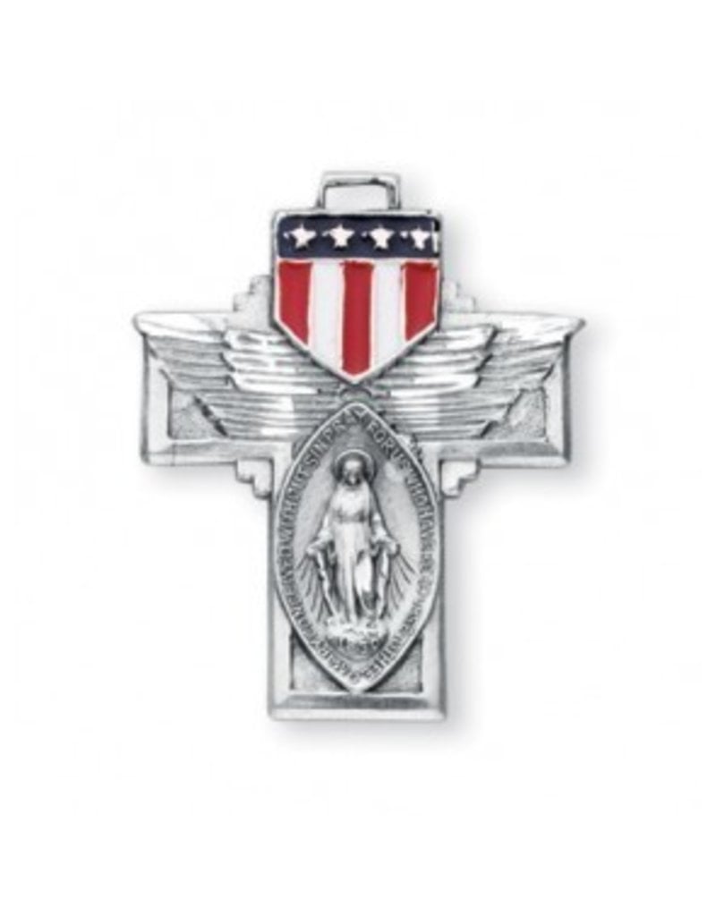 McVan Military Miraculous Medal and Cross With American Flag Wings 24" Chain