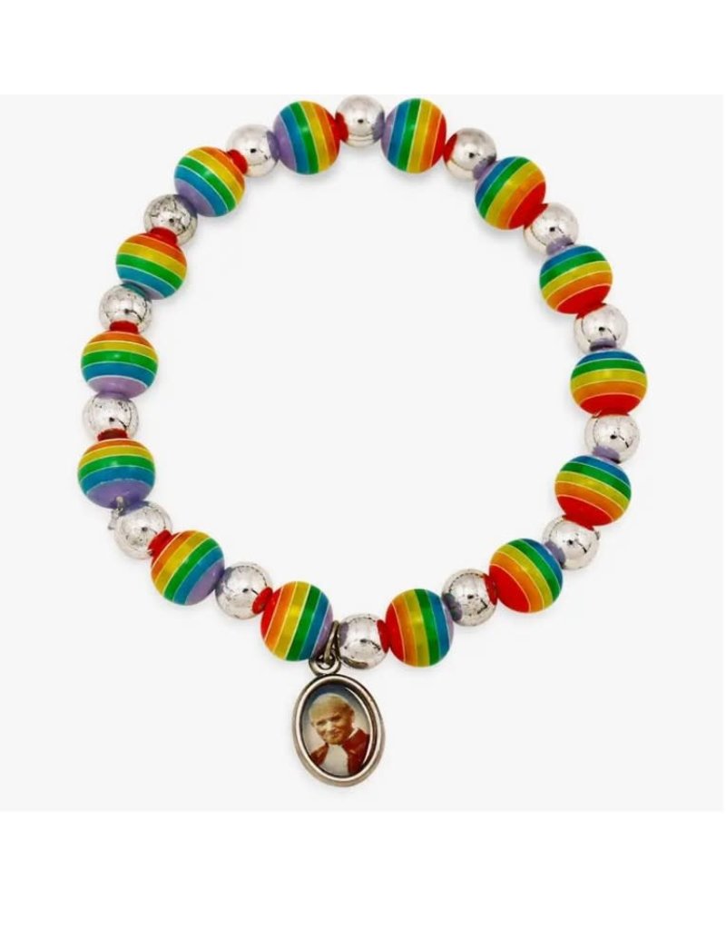 RosaryMart Stretch Bracelet Rainbow Beads St John Paul II Medal