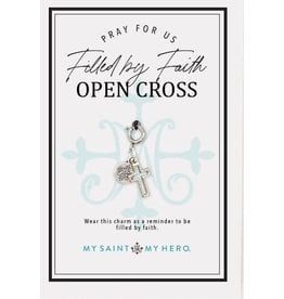 My Saint My Hero Filled by Faith Open Cross Charm- Medium, Silver