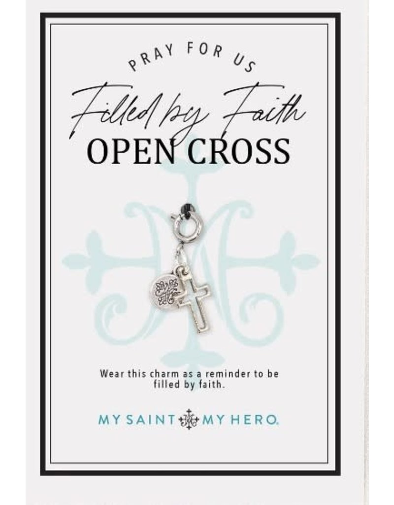 My Saint My Hero Filled by Faith Open Cross Charm- Medium, Silver