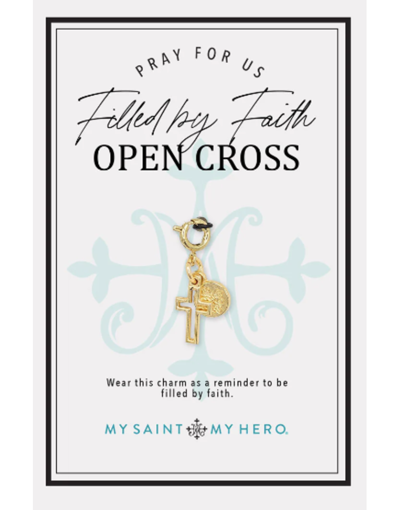 My Saint My Hero Filled by Faith Open Cross Charm- Medium, Gold