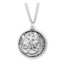 HMH Religious Sterling Silver 0.9" Round Saint Michael The Archangel Medal With 18" Chain Necklace