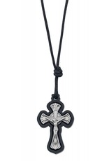McVan Black Wooden and Pewter Crucifix Pendant on Black Cord