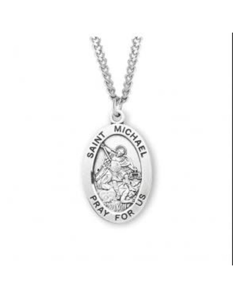 HMH Religious Sterling Silver St. Michael Archangel Oval Medal With 24" Chain Necklace