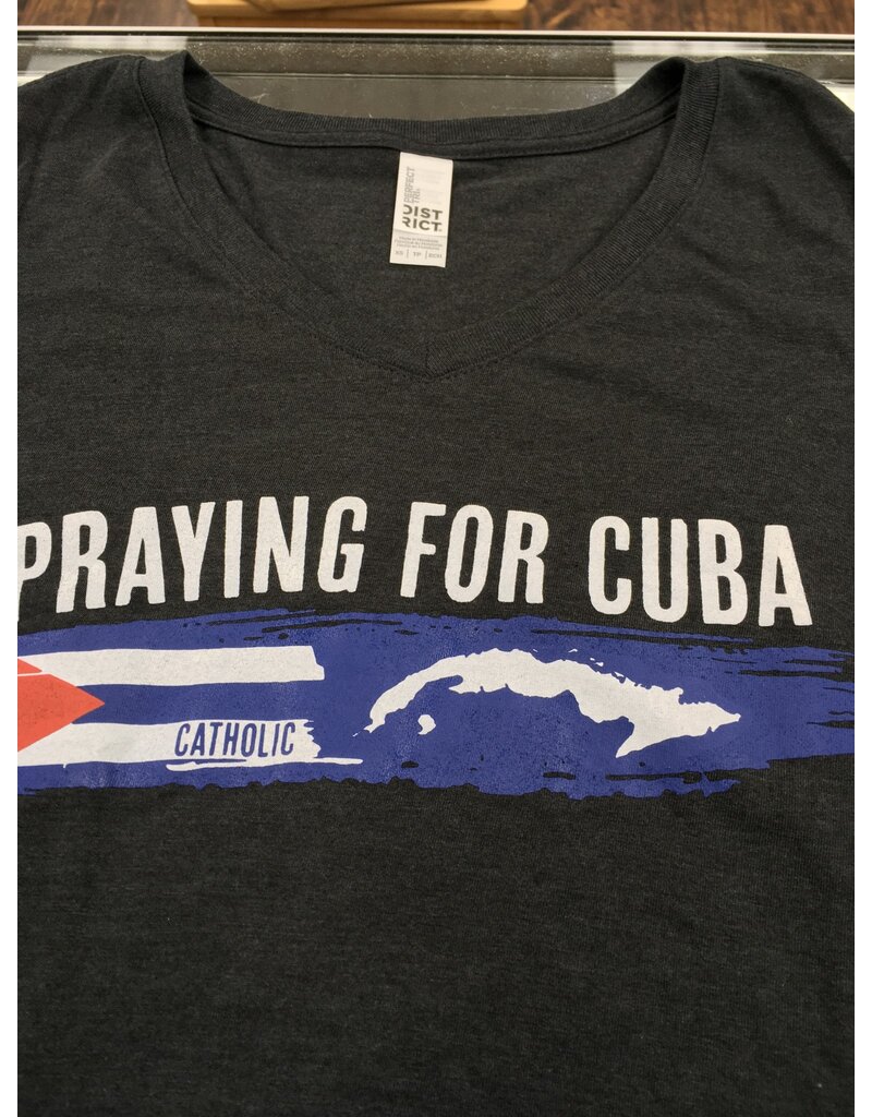 Simply Catholic Catholic Praying for Cuba T-Shirt Frosted Black, V-neck, Women's  M