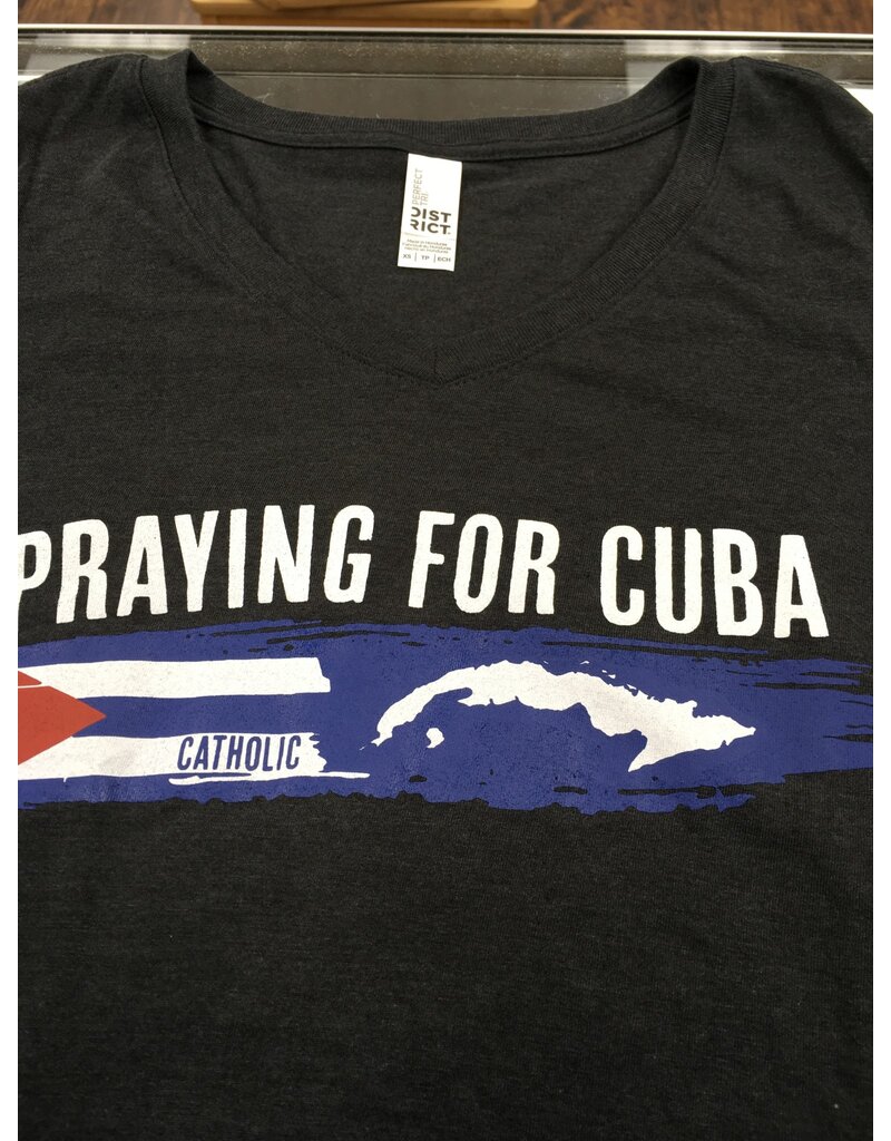 Simply Catholic Catholic Praying for Cuba T-Shirt Frosted Black, V-neck, Women's  L