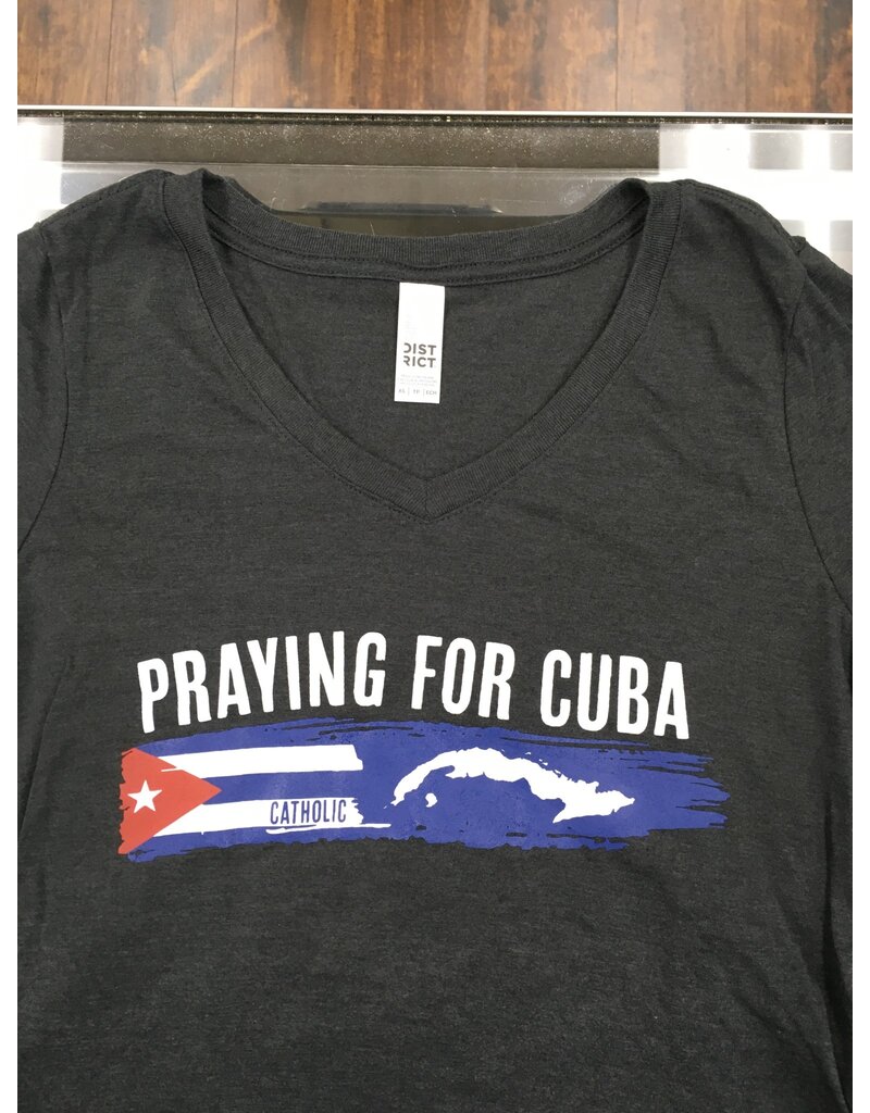 Simply Catholic Catholic Praying for Cuba T-Shirt Frosted Black, V-neck, Women's  2XL