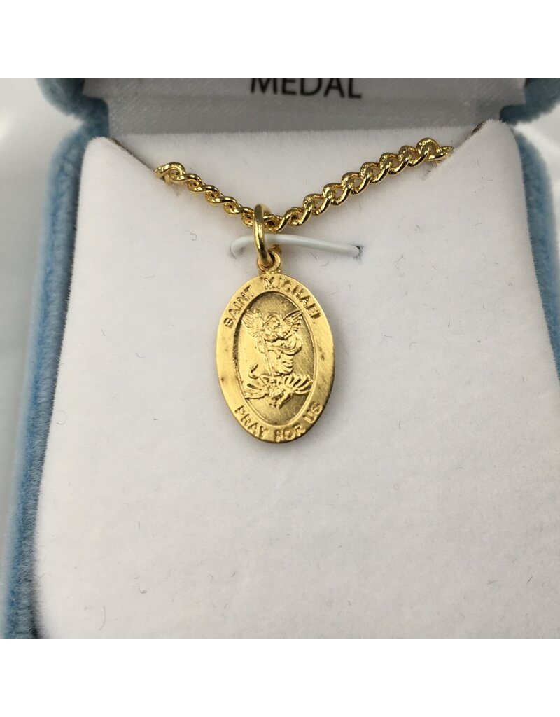 HMH Religious 9/16" Oval St. Michael Medal Gold Over Sterling Silver (18" Chain)