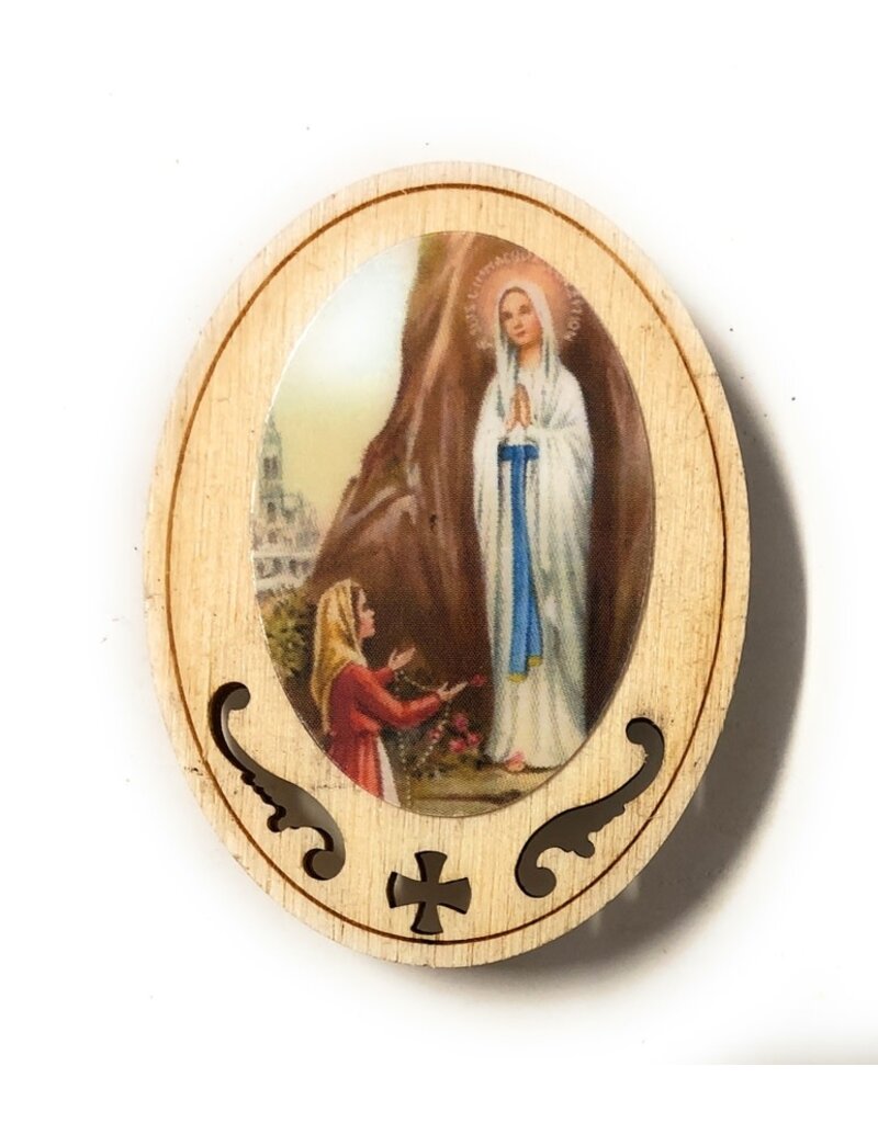 Costa Articoli Religiosi Oval Wooden Magnet | Our Lady of Lourdes (4.5 x 3.2 cm)