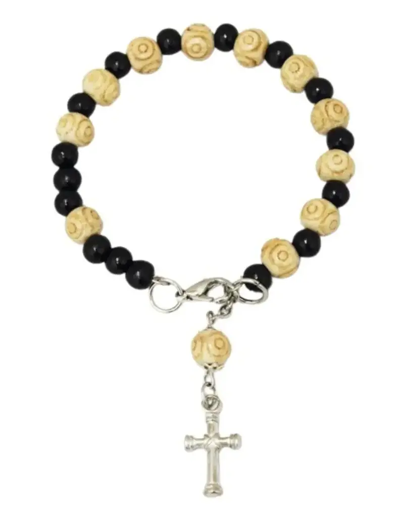 Goldscheider of Vienna Cross Bracelet with Black and Natural Beads