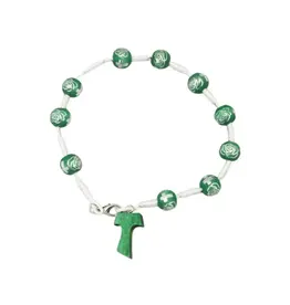 Goldscheider of Vienna Green Tau Bracelet with Wood Beads and Wood Cross