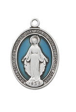 McVan Sterling Silver Blue Enameled Miraculous Medal with 18" Rhodium Plated Chain