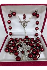 Handmade Rosary with Pearlescent Red Beads - Mary Center - Stylized Benedict Crucifix