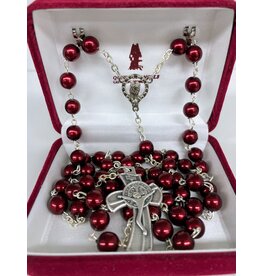 Handmade Rosary with Pearlescent Red Beads - Mary Center - Stylized Benedict Crucifix