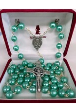 Handmade Rosary with Pearlescent Aqua Beads - Sacred Heart Center - Benedict Crucifix