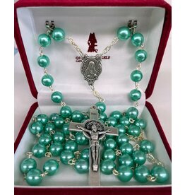 Handmade Rosary with Pearlescent Aqua Beads - Sacred Heart Center - Benedict Crucifix