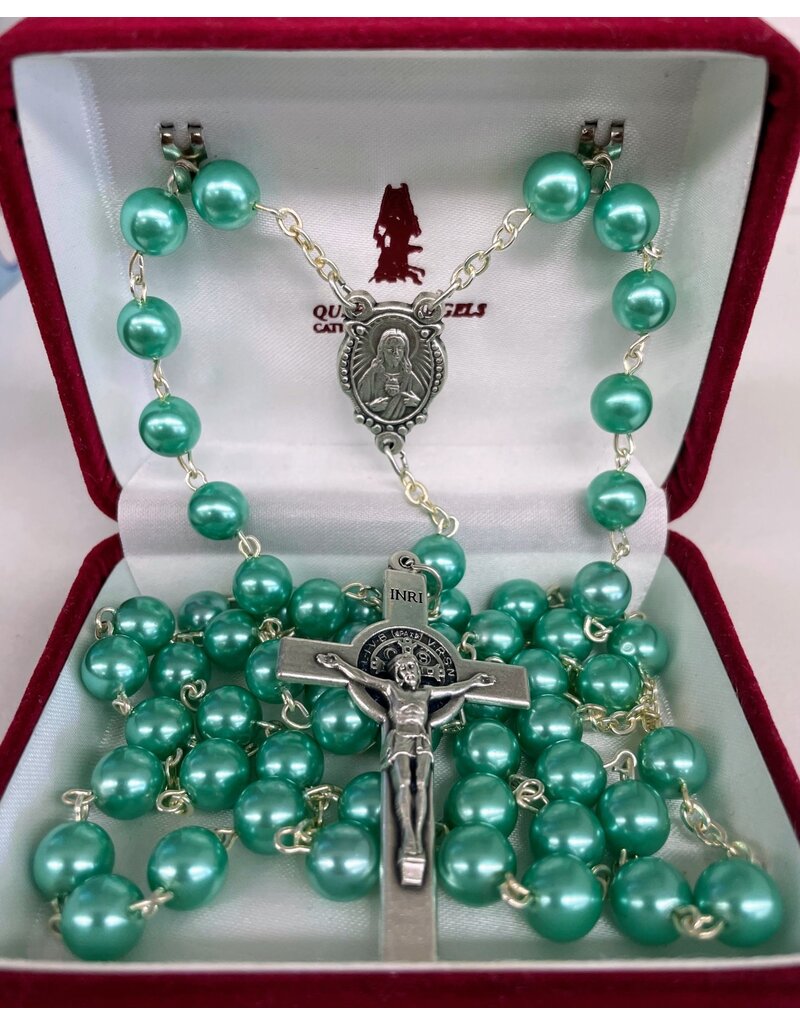 Handmade Rosary with Pearlescent Aqua Beads - Sacred Heart Center - Benedict Crucifix