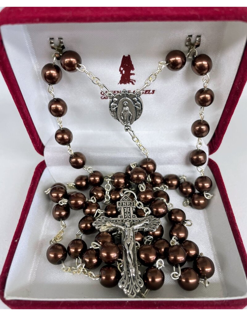 Handmade Rosary with Pearlescent Brown Beads - Ornate Miraculous Medal Center - Sacred Heart Crucifix