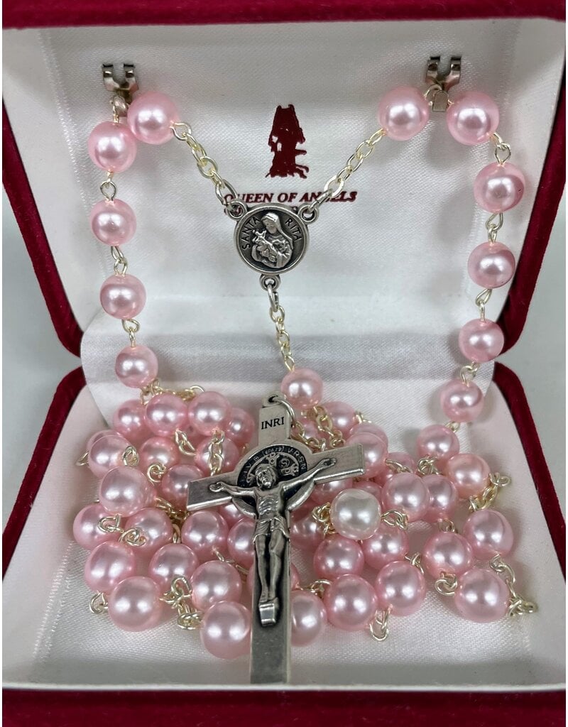 Handmade Rosary with Pearlescent Beads Pink Beads - St. Rita Center - Benedict Crucifix