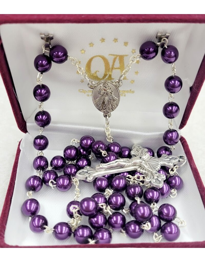 Handmade Rosary with Pearlescent Purple Beads - Divine Mercy Center - Ornate Crucifix