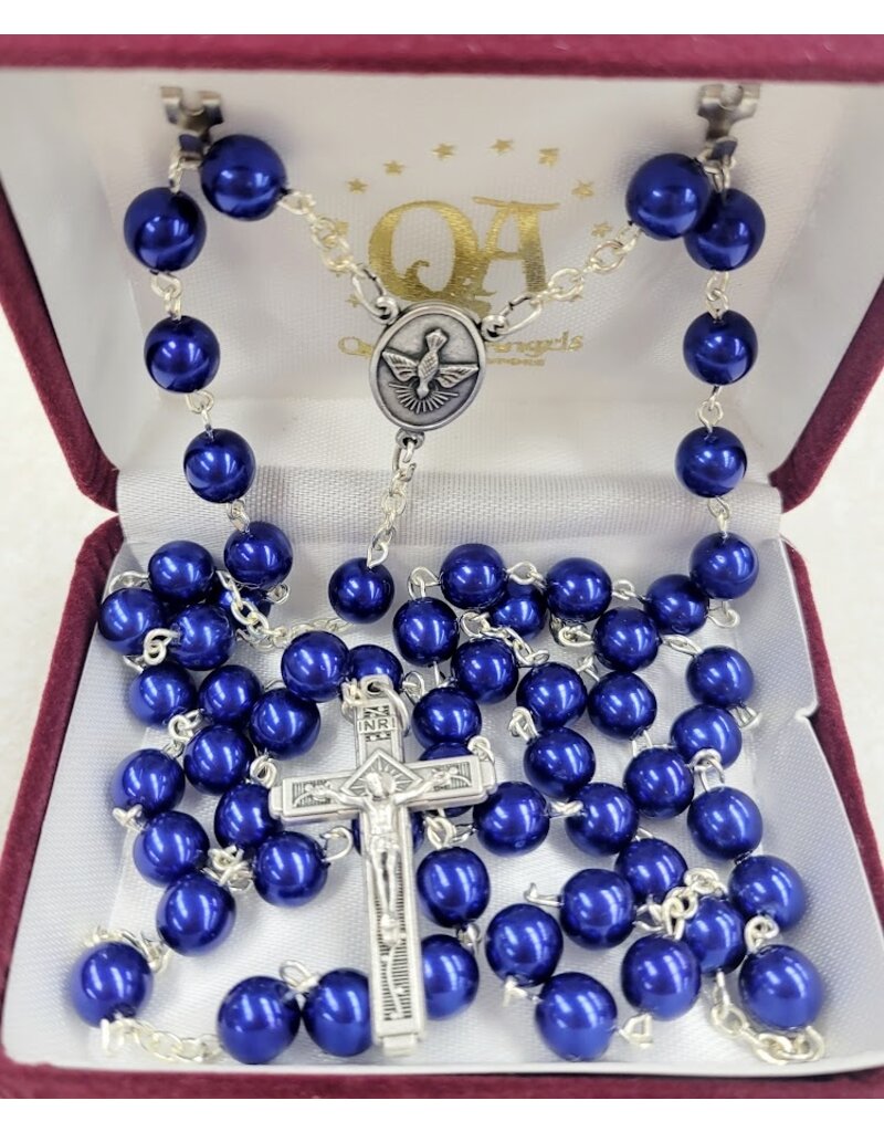 Handmade Rosary with Pearlescent Royal Blue Beads - Holy Spirit/Holy Family Center - Fatima Crucifix