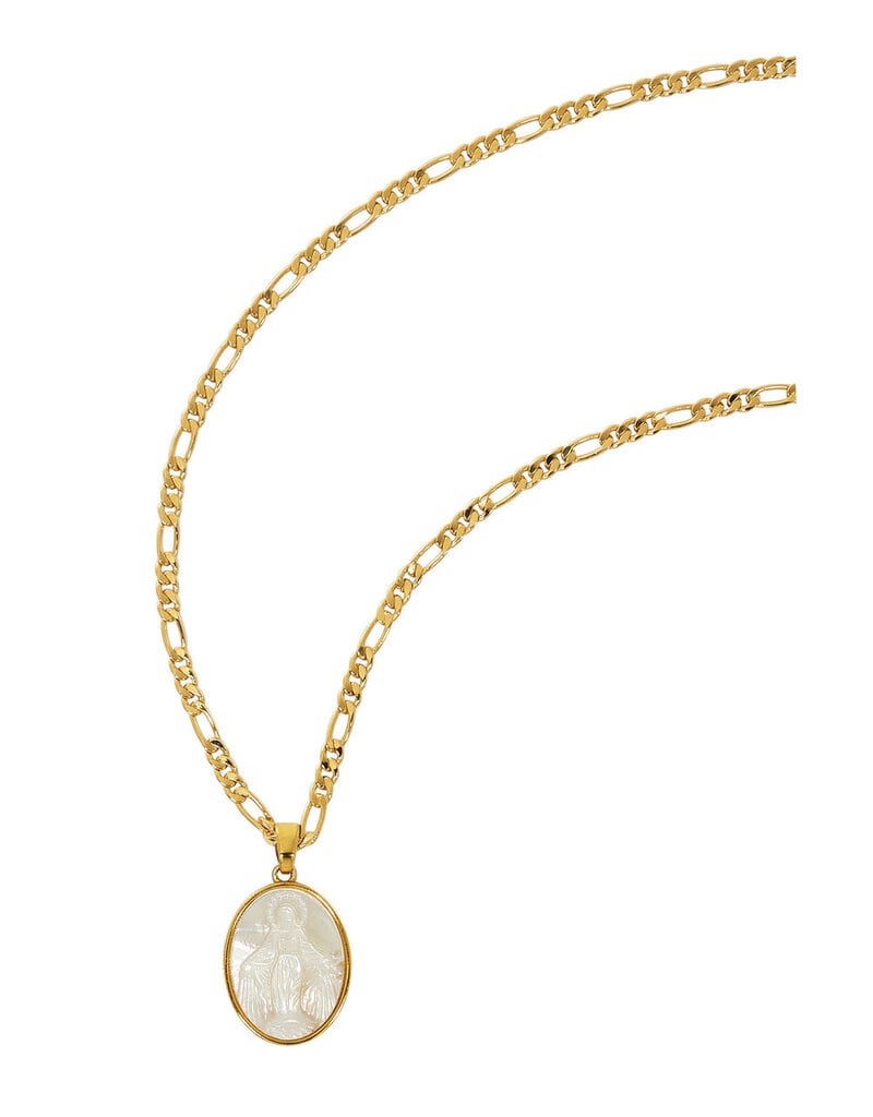 McVan Mother of Pearl Miraculous Medal on Gold-Tone 20" Figaro Chain