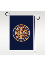 St. Benedict Medal Garden Flag – Double Sided with IHS, blue and gold