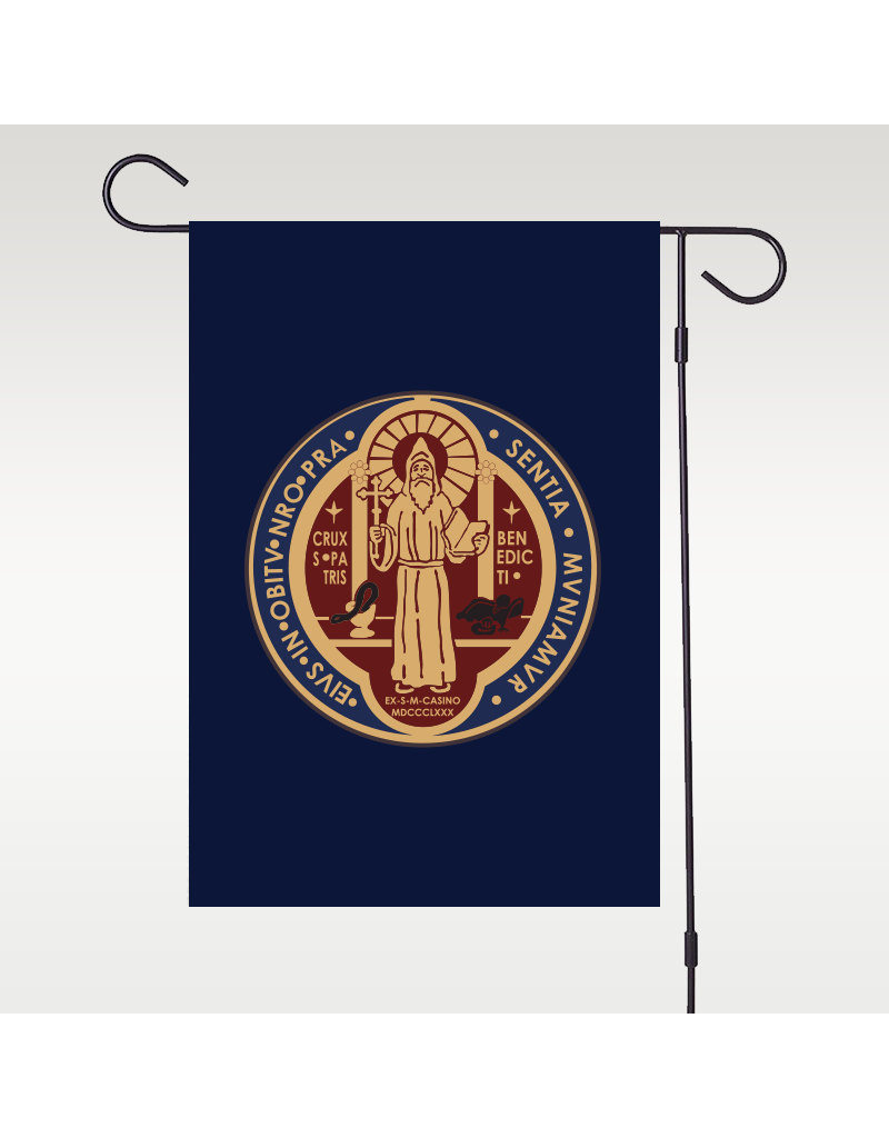 St. Benedict Medal Garden Flag – Double Sided with IHS, blue and gold