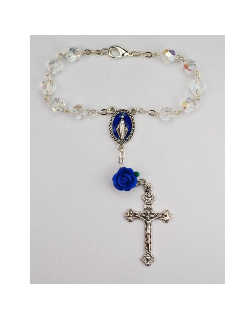 McVan Crystal Auto Rosary with Miraculous Medal and Blue Rose