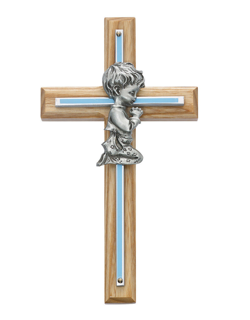 McVan 7"  Oak and Blue Cross with Pewter Boy Praying