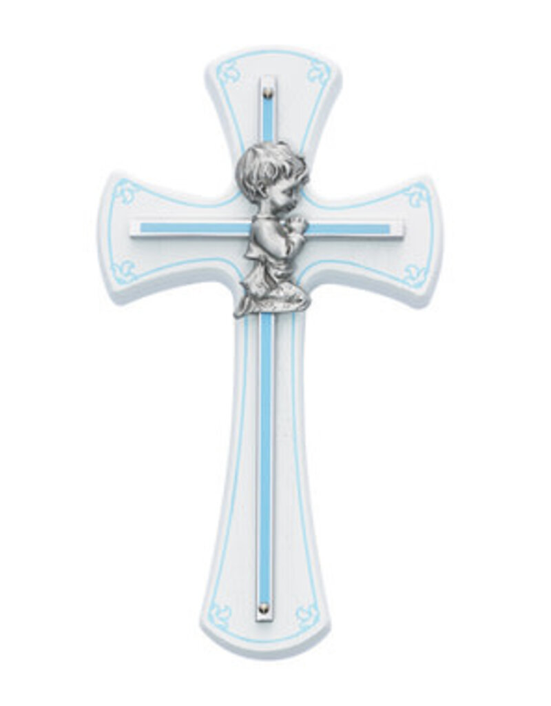 McVan Baby Boy Cross on White Wood, Blue Trim & Blue Silk Screen