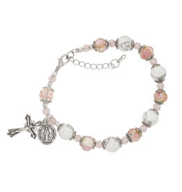 McVan White Stone & Pink Flower Rosary Bracelet