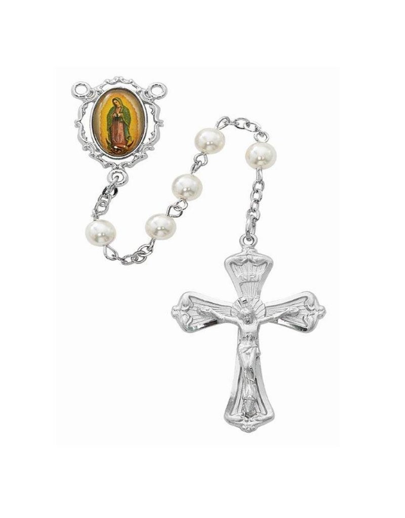 McVan White Pearl Our Lady of Guadalupe Rosary with Deluxe Crucifix and Center