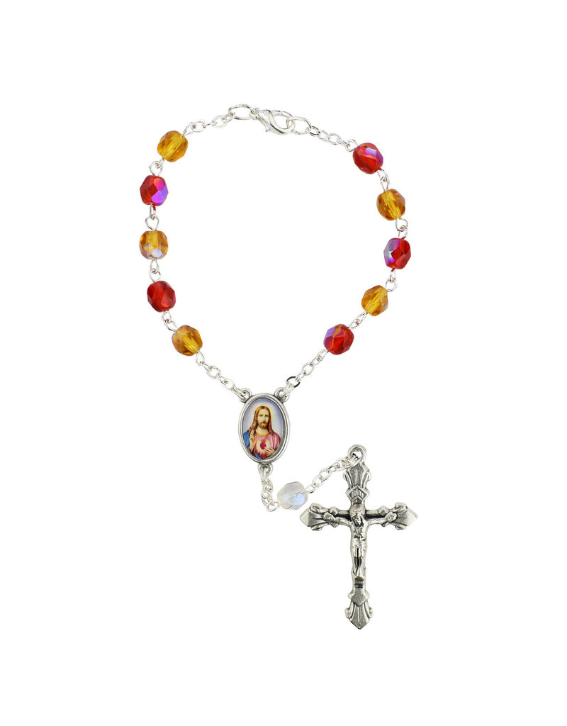 Sacred Heart Auto Rosary with Prayer Card Red and Orange Beads