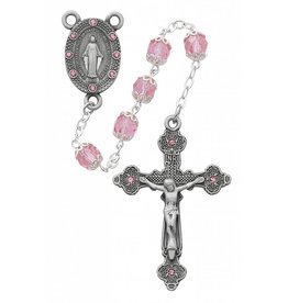 McVan 7mm All Capped Pink Glass Bead Pewter Rosary with Deluxe Crucifix and Center