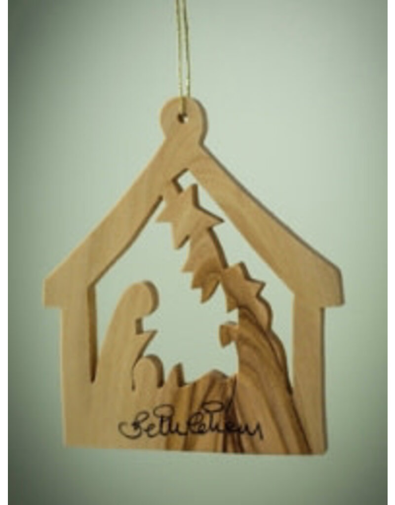 EarthWood Ornament-Olive Wood-Holy Family In Stable (3")