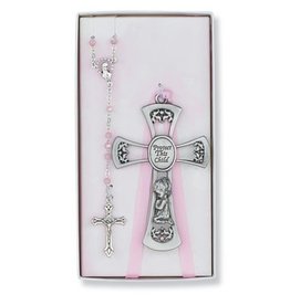 McVan Pewter Girl Cross and Pink Rosary Set