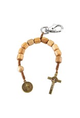 WJ Hirten Olive Wood One Decade Rosary on Brown Cord Backpack Clip with Antique Bronze Finish St. Benedict Medal and Crucifix