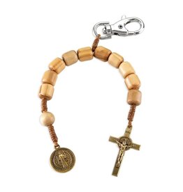 WJ Hirten Olive Wood One Decade Rosary on Brown Cord Backpack Clip with Antique Bronze Finish St. Benedict Medal and Crucifix