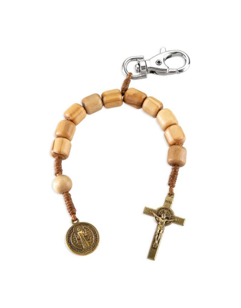 WJ Hirten Olive Wood One Decade Rosary on Brown Cord Backpack Clip with Antique Bronze Finish St. Benedict Medal and Crucifix