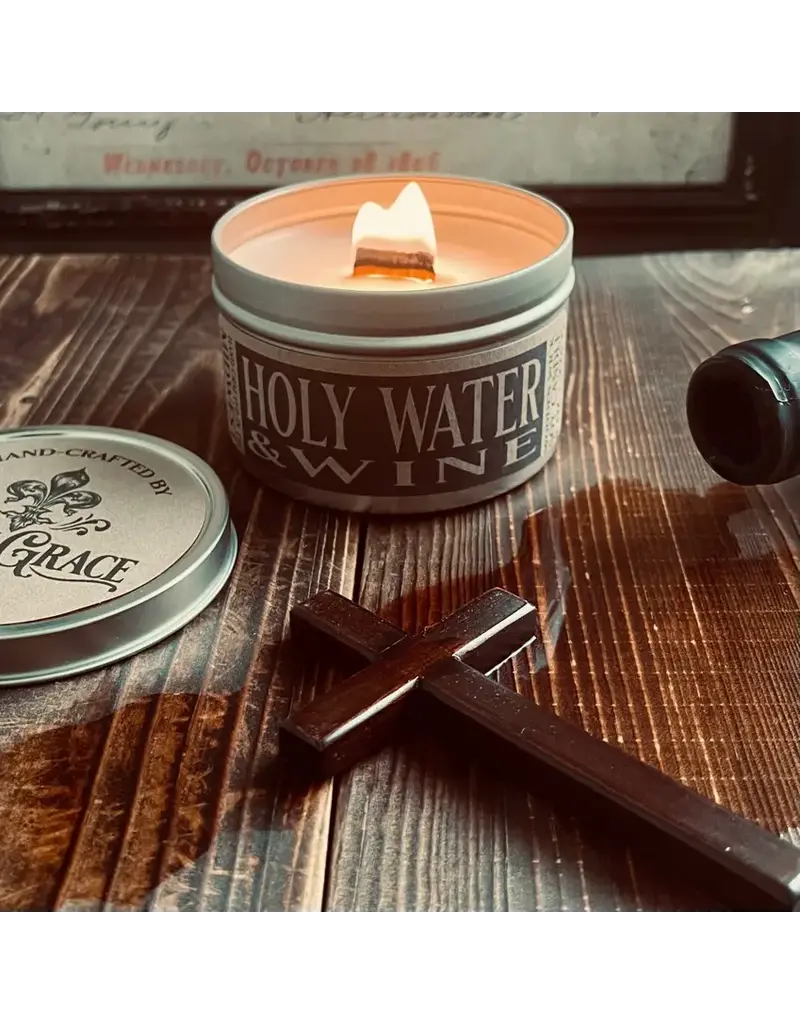 Holy Water & Wine - 8 oz Candle Tin - Wooden Wick - Queen of Angels  Catholic Store