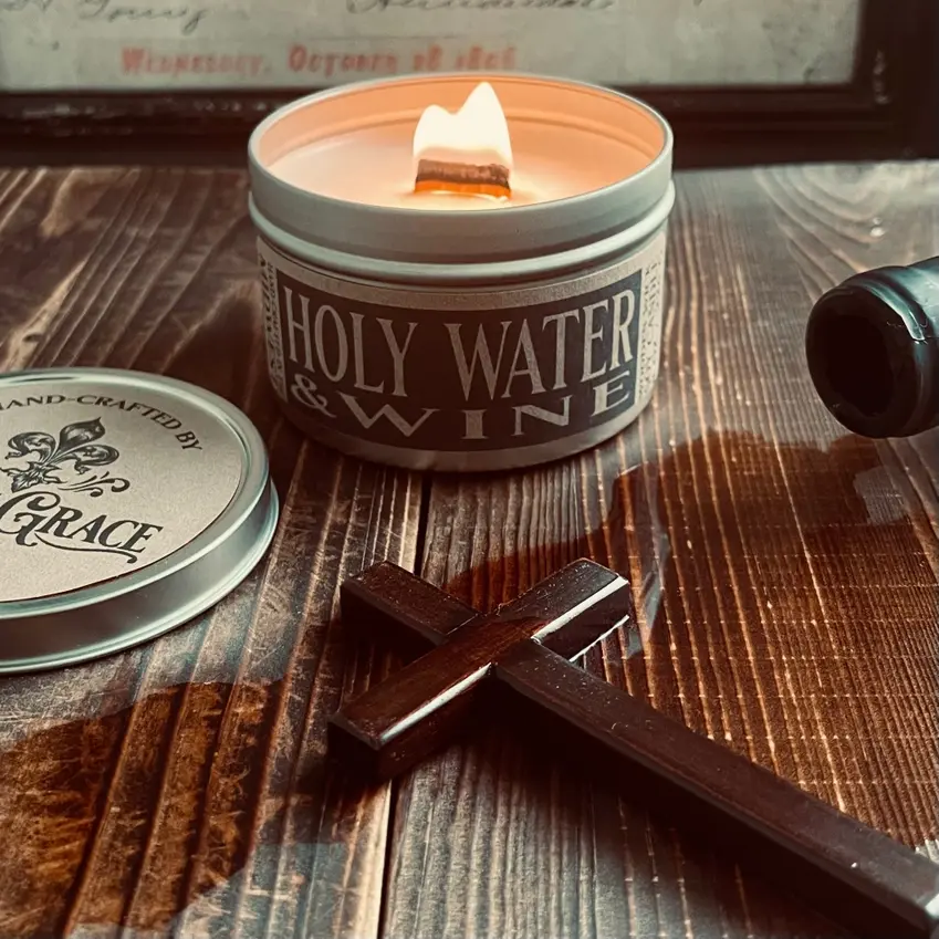 Holy Water & Wine - 8 oz Candle Tin - Wooden Wick - Queen of Angels  Catholic Store